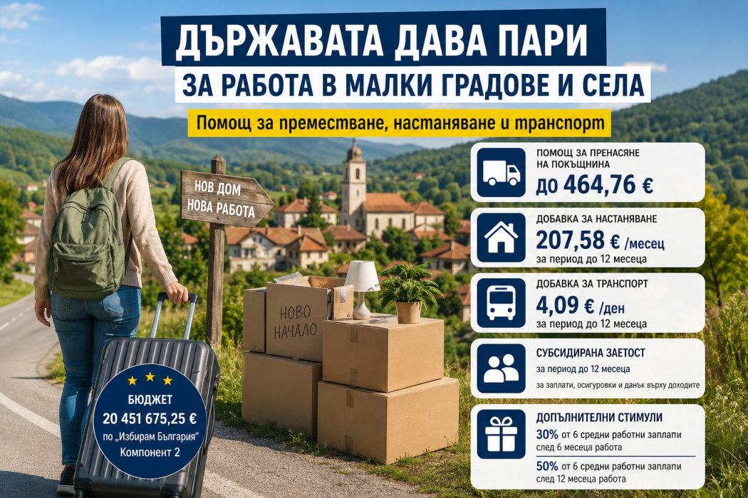 Държавата дава пари за работа в малки населени места: Ето кой може да получи средства за преместване, наем и транспорт